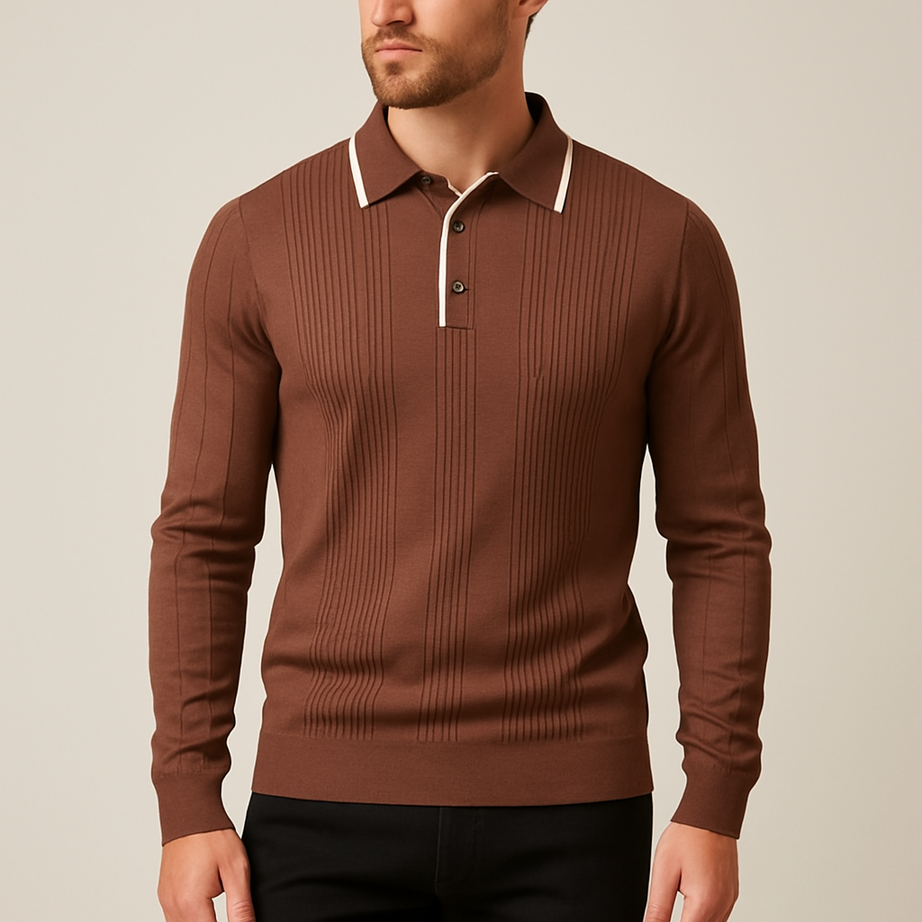 Langford Men Polo Knit Shirt Long Sleeve Button