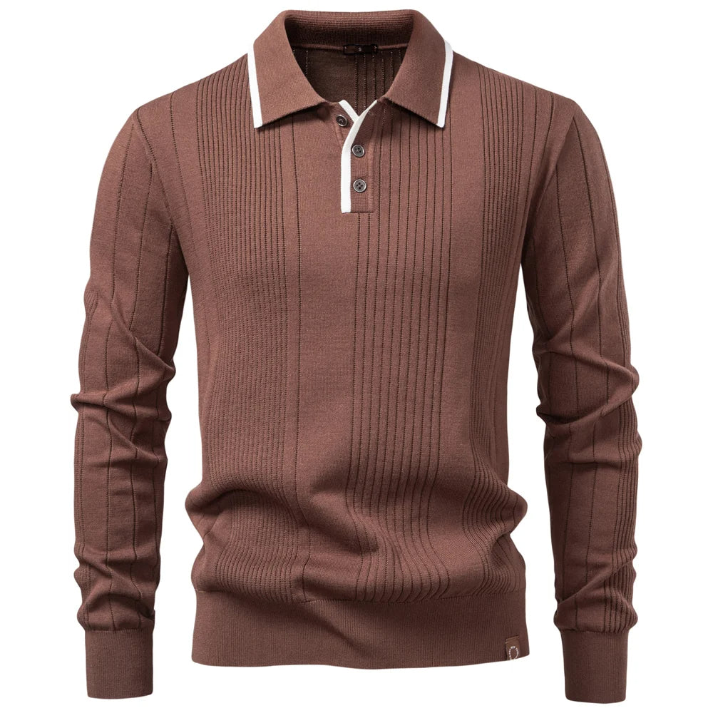 Langford Men Polo Knit Shirt Long Sleeve Button