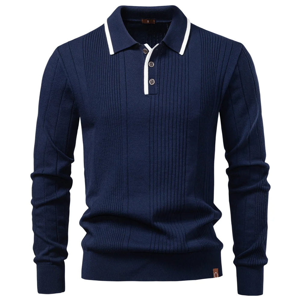 Langford Men Polo Knit Shirt Long Sleeve Button